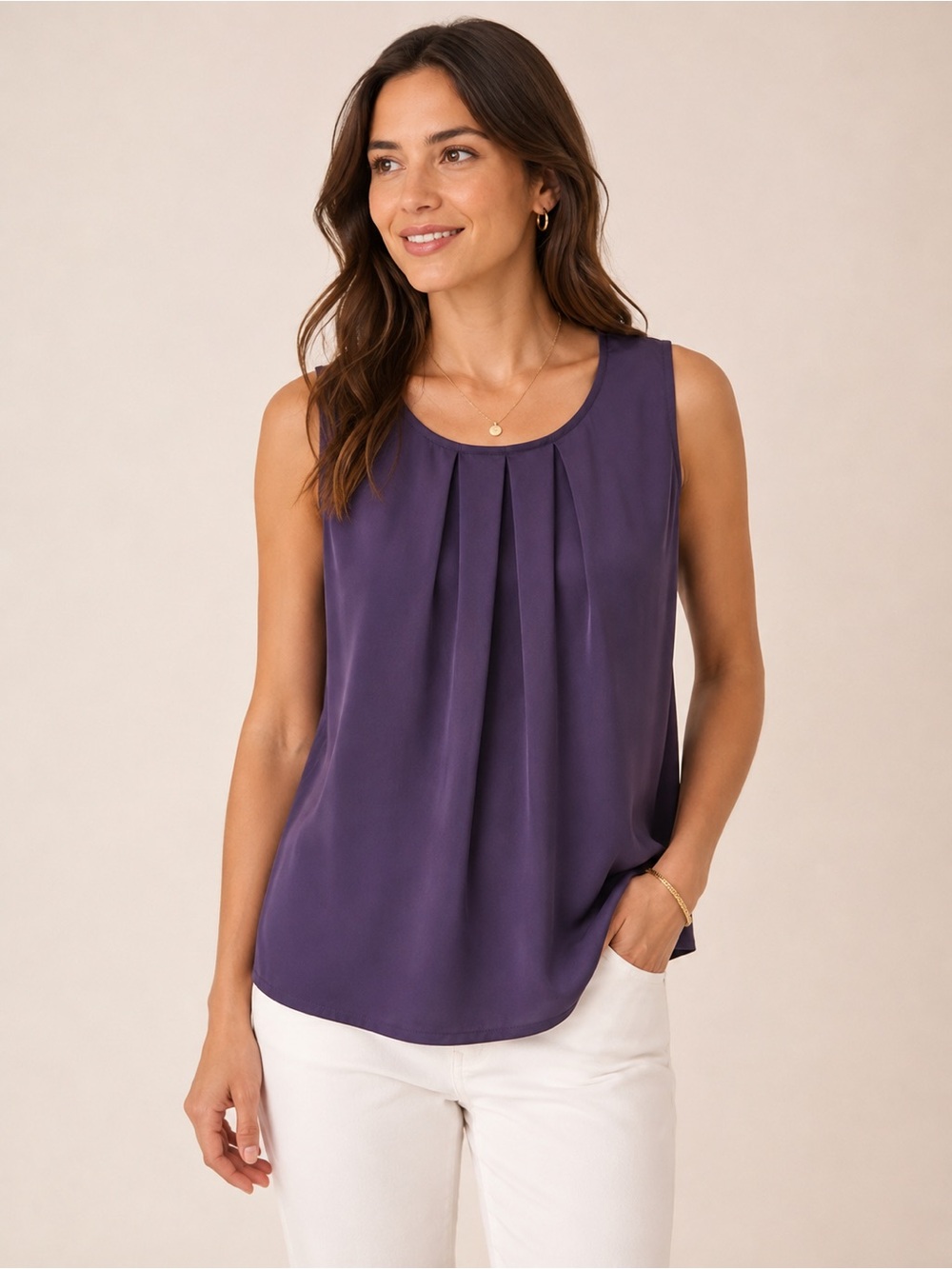 Kasper Purple Sleeveless Pleated Shell Top